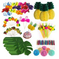 hot【DT】❇  123pcs Hawaiian Jungle Decoration with Silk Hibiscus Flowers Leaves Paper Pineapples Umbrella Cupca