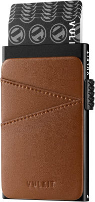 VULKIT Pop up Wallet Credit Card Holder with Extra Leather Slots RFID Blocking Slim Metal Card Case for Men or Women(Brown)
