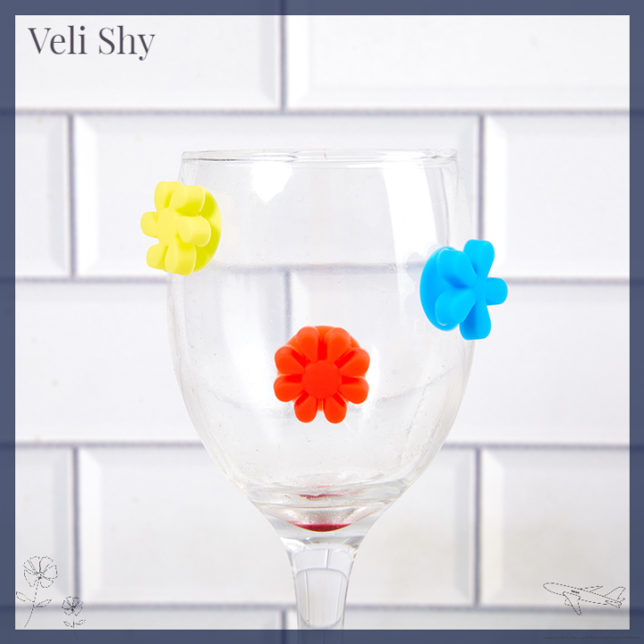 veli-shy-ชุดแก้วไวน์สวยงามดอกไม้ใหม่ซิลิโคนปาร์ตี้ค็อกเทล12ชิ้นตัวระบุจุกดูดสัญลักษณ์แก้วน้ำ