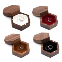 Hexagon Shaped Walnut Wood Ring Box Velvet Soft Interior Holder Organizer Jewelry Wooden Case for Proposal Engagement