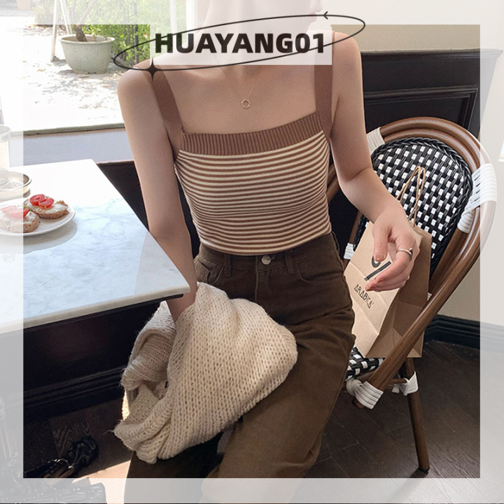 huayang01-2023-new-hot-fashion-lazlook-vintage-stripe-ถักถังด้านบนฤดูร้อนผู้หญิงแขนกุด-slim-bra-crop-top