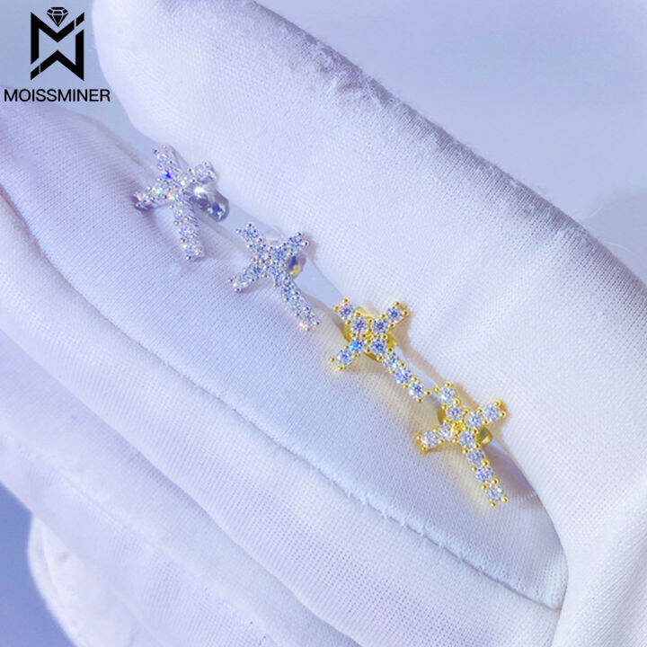 moissanite-s925คลาสสิกข้ามต่างหูเงินเย็นออกจริงเพชรหูกระดุมสำหรับผู้หญิงผู้ชายเครื่องประดับระดับไฮเอนด์ผ่านทดสอบ