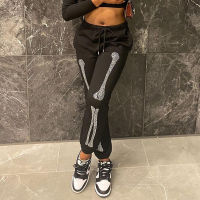 New Fashion Glitter Skeleton Rhinestones Black Casual Sweatpants Cyber Y2k Streetwear Women Joggers High Waisted Pants Trousers