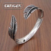 Vintage 316L Stainless Steel Feather Shape Open Cuff Bangle Bracelet For Men Or Women Classic Retro Style Rock Jewelry