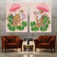 Chinoiserie Monkey Art พิมพ์โปสเตอร์เจดีย์ร่ม Palm Beach - Beautiful Wall Art สำหรับบ้านหรือสำนักงานของคุณ