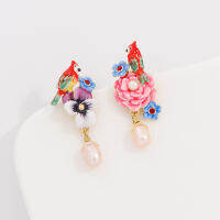 Jaeeyin 2021 New Arrivals Vintage Hand Made Enamel Bird Flower Freshwater Pearl Gold Color Earrings Gifts Children Girl Women