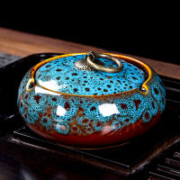 Retro Pull Ring Kiln Baked Ashtray Large Ceramic with Lid Ashtray Home Bedroom Decoration Windproof Prevent Fly Ash