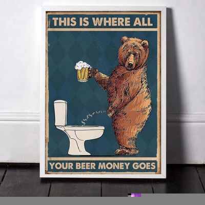 Funny Grumpy Bear ดื่มเบียร์ไปที่ห้องน้ำห้องส้วมภาพจิตรกรรมฝาผนัง-โปสเตอร์ที่ทันสมัยผ้าใบภาพผนังสำหรับตกแต่งบ้าน