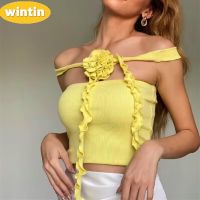 Wintin European and American Style 2023 Spring New Fashion Sexy French Style Three-Dimensional Flower Ribbon Halter Stitching Tube Top Vest for Women