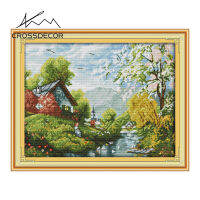 Crossdecor Cross Stitch ชุดวัสดุ DMC 11CT 14CT Aida ผ้าผ้า Landscape Series Stamped เย็บปักถักร้อยชุดตกแต่งสำหรับ Sala Wall-แม่น้ำและท้องฟ้าที่สวยงาม