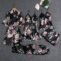 New Womens Pajama Satin 5PCS Summer Lace Patchwork Sexy Women Nightwear Thin Style Robe Sleep Suit Nightdress With Chest Pads