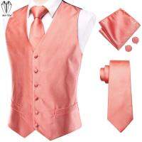 Hi-Tie Silk Mens Vests Pink Solid Jacquard Waistcoat Necktie Hankerchief Cufflinks Set for Men Dress Suit Weddding Business Gift