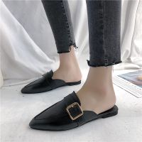 2019 spring and summer new Baotou flat bottom sandals female wild pointed belt buckle sandals half slippers Mules shoes