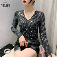 YIMEI เสื้อยืดคอวีแขนยาวสำหรับผู้หญิง,เสื้อปักเลื่อมผ้าไหมประกายระยิบระยับ2023แฟชั่นใหม่