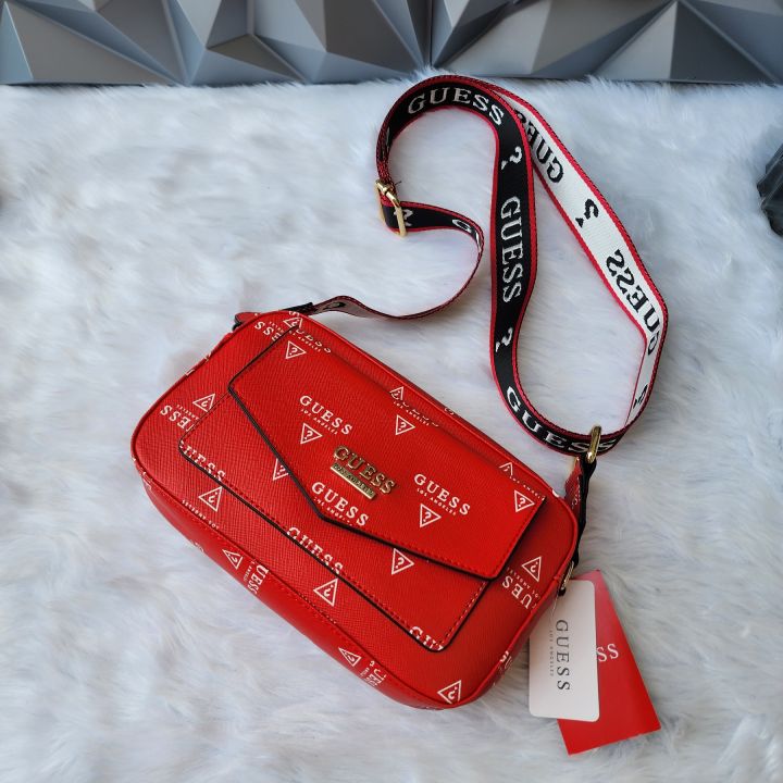 J2HL Guess Wayne Camera Zip Crossbody Bag in Red PU Leather with Printed  Signature Guess Logo - Women's Sling Bag