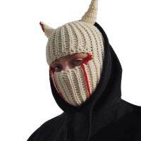Kebaruan Tanduk Topi Rajutan Masker Wajah Penuh Wol Topi Masker Ski Musim Dingin Topi Beanies Topi Balaclava untuk Liburan Festival