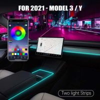 ไฟแถบไฟ Led สำหรับ2023 Tesla รุ่น3รุ่น Y ไฟนีออนภายในประดับรถ Rgb ล้อมรอบด้วยอุปกรณ์ตกแต่งรถยนต์ที่ควบคุมด้วยแอป