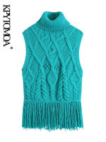 KPYTOMOA Women  Fashion With Tassel Cable-knit Vest Sweater Vintage High Neck Sleeveless Female Waistcoat Chic Tops