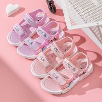 ☑♘ Summer rainbow childrens cute slippers cute princess wind soft soled childrens shoes simple rainbow Velcro sandals