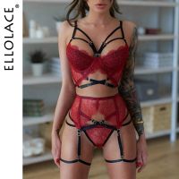 《Be love shop》Ellolace Goth Lingerie Set Bandage Women  39;s Underwear Sexy Bra Brief 3 Piece Wireless Brassiere Red Lace Garters Exotic Sets