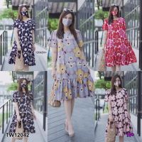 B12042 Dress #สาวอวบ เดรสลายดอก+หน้ากากปิดจมูกเข้าเซท Dress #chubby girl, flower pattern dress + nose mask in the set