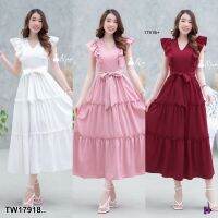 [ส่งไว!] M17918  Dress เดรสยาว คอวีไหล่ระบาย สีพื้น มีโบว์เอว ผ้าไหมอิตาลี่ ใส่สบาย มีซับในนะคะ ดูเลอค่าได้อีกค๊าา