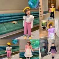 LOK03042 Autumn Childrens Bottoming Shirt Korean Version Of Puff Sleeve Solid Color Bottoming Blouse Tops For Kids Girls 2-7 Years