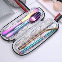 8Pcs/Set Travel Camping Cutlery Set Portable Tableware Stainless Steel Chopsticks Spoon Fork Steak Knife with Storage bag Flatware Sets