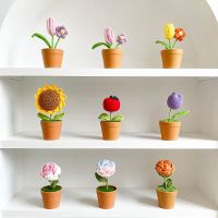 Crocheted  Artificial Sunflower Rose Tulip DIY Gift Desktop Small Ornament Potted Flowers Simulation Bonsai Home Decoration Artificial Flowers  Plants