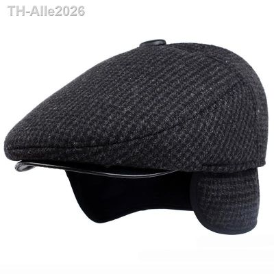 ㍿✌♚ HT1847 Classic Man Cap Hat with Ear Flap Elder Male Dad Warm Newsboy Flat Wool Blend Men Beret