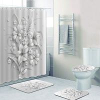 Elegant Bouquet of Fantastic White Flowers 3D Style Shower Curtain Floral Bathroom Curtains with Bath Rugs Carpet Set Home Decor