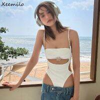 ☍✥ cddsaa Xeemilo Hollow Out Bodysuit 2023 Beach Vacation Square-neck Bandage T-shirt Sequined Sleeveless