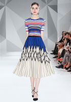 Contrast Striped Loose Fit Slim T-Shirt With Fashionable Diamond Print Pleated Skirt 2Pcs Set