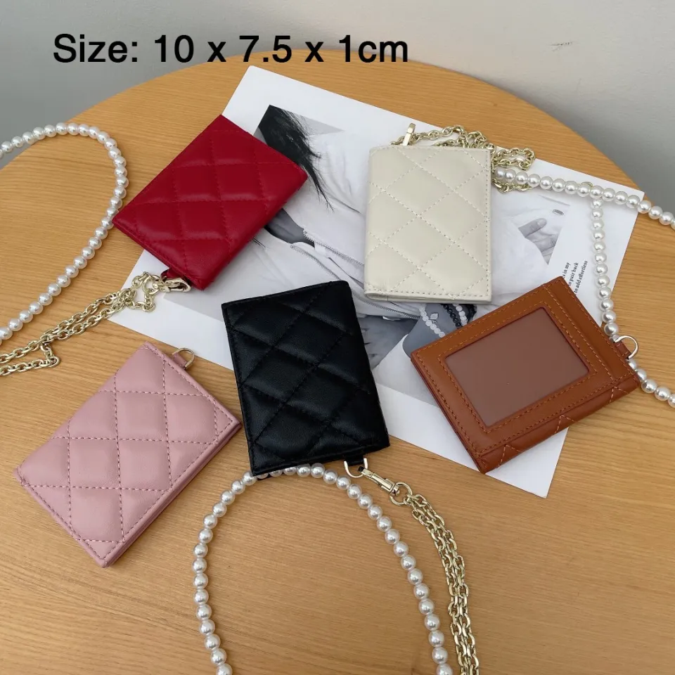 Dreamwise Elegant Card Holder for Women Genuine Sheepskin Leather Female  Mini Purse Hanging Neck Shoulder Bag Pearl Chain Strap Quilted