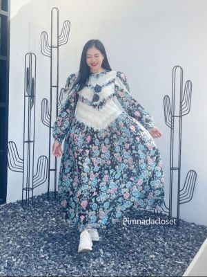 P007-020 PIMNADACLOSET - Long Sleeve Lace Chiffon Floral Print Maxi Dress