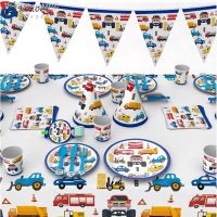 ☫ Construction Trucks Engineering Cars Party Disposable Tableware Set Plate Straw hat Birthday Party Decorations Kids Cake Decor