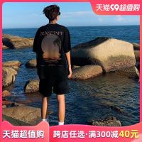 ◙☈ European and American street sunset print short-sleeved t-shirt mens summer ins national tide brand loose oversize cotton top