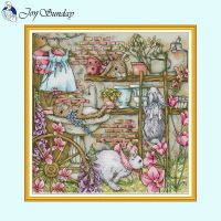 【hot】♞✚  Rabbits Garden Pattern 14CT 16CT Printed Canvas Fabric Embroidery Set Crafts