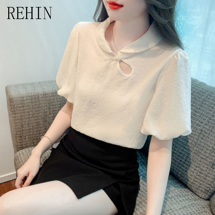 rehin-เสื้อผู้หญิงสไตล์จีนใหม่-เสื้อกลวงออกเสื้อแขนสั้นผ้าบับเบิ้ลแขนเสื้อเชิ๊ตสตรีเข้ารูปลดอายุสำหรับฤดูร้อน