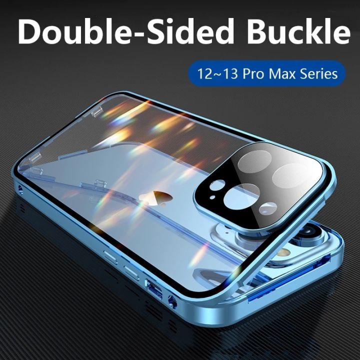 สินค้าใหม่ในสต็อก-360คุ้มครองเต็มรูปแบบโลหะสองด้านกระจก-s-nap-ล็อคกรณีสำหรับ-iphone-14-13-12-11-xs-pro-max-พลัส-x-xr-เลนส์คุ้มครองปก