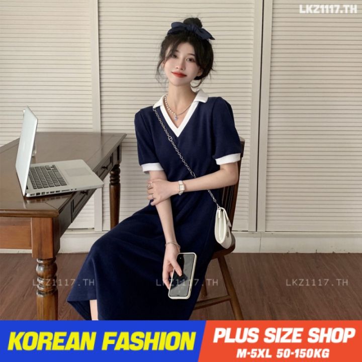 plus-size-เสื้อผ้าสาวอวบ-เดรสสาวอวบอ้วน-ไซส์ใหญ่-ผู้หญิง-เดรสโปโล-ทรงหลวม-แขนสั้น-คอวี-ฤดูร้อน-สไตล์เกาหลีแฟชั่น