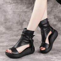 Ladies Vintage PU Leather Cool Boots Fashion Women Sandals Summer Mid Heels Wedges Shoe Sandalias Mujer Sapato Feminino