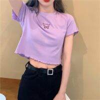 COD dsfrteryewe Hi Lisa พร้อมส่ง เสื้อเอวลอย เสื้อยืดแขนสั้นผู้หญิง สะดือ สะดือ แขนสั้น ปักลายผีเสื้อ ทุกแบบ SC1334