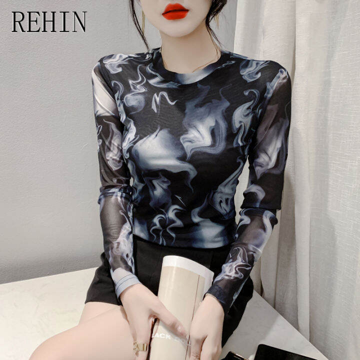 rehin-เสื้อผู้หญิงเข้ารูปแขนยาวพิมพ์ลายตาข่ายแฟชั่นสไตล์ยุโรป-เสื้อคอกลมเข้ารูปฟิตตัวยาวมาใหม่