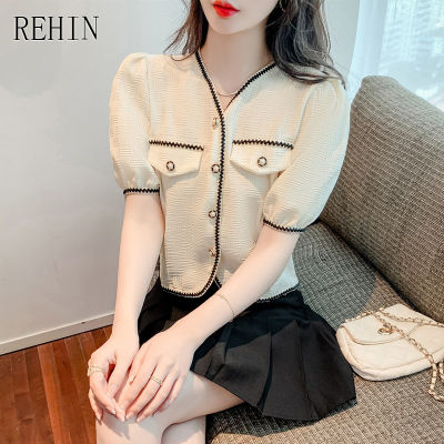 เสื้อสตรี REHIN ใหม่เวอร์ชั่นเกาหลีเสื้อเชิ้ตแขนสั้นแฟชั่น Slim Thin Bubble Sleeve Blouse