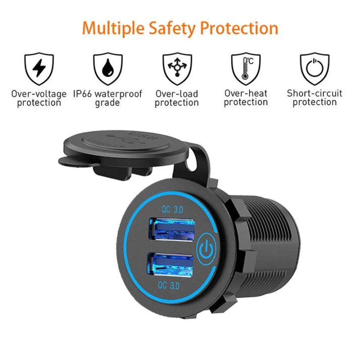 dual-usb-car-charger-waterproof-12v-24v-qc3-0-usb-fast-charger-socket-power-outlet-with-touch-switch