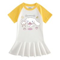 Sanrio Kawali Cinnamoroll ชุดกระโปรงแบบจีบสบายสีตัดกันทารก Baju Anak Ins ของขวัญวันเกิดสำหรับเด็ก (ZZZ)