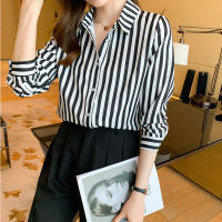 Autumn Fashion Womens Shirts Striped Chiffon Long Sleeve Women Shirt Business Blouse Polo Collar Button Up Basic OL Ladies Tops