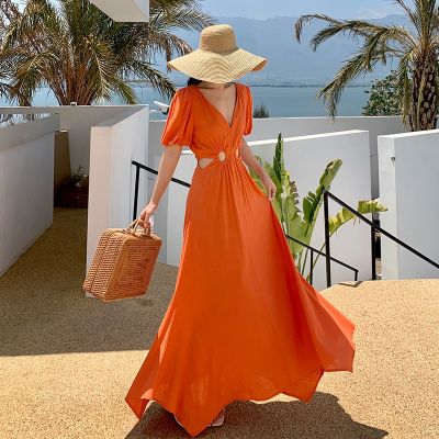Orange summer dress summer hubble-bubble sleeve hollow out waist high feeling the seaside holiday dresses