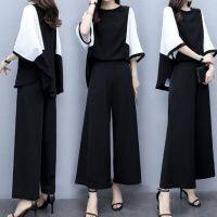 【Ready】? Plus fat plus size womens clothing spring and autumn summer new Korean style fat sister suit casual loose wide-leg pants two-piece set